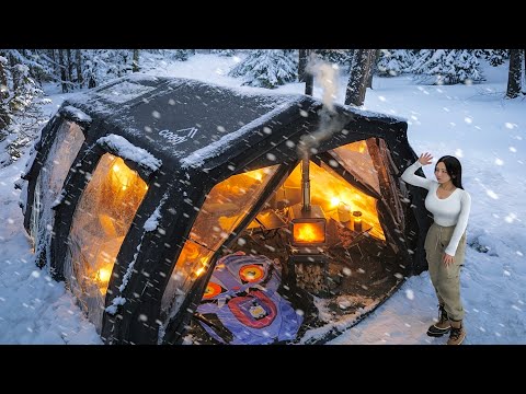 Heavy Snow Camping with a 60kg XL Inflatable Tent ❄️ Cozy Solo Camping ASMR