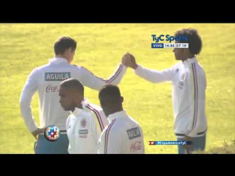 James Rodriguez & Chelsea’s Juan Cuadrado secret handshake during training for Colombia