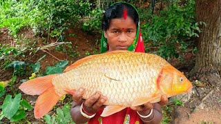 amazing BIG size GOLDEN FISH cutting cooking and eating village tribal