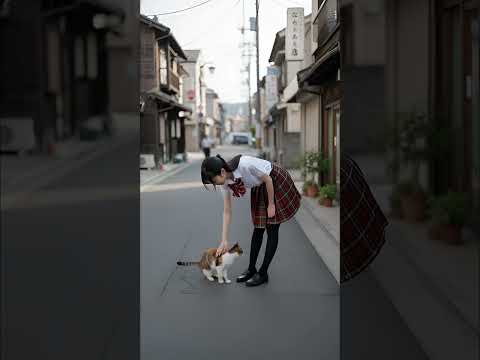 猫と遊ぶ女子高生