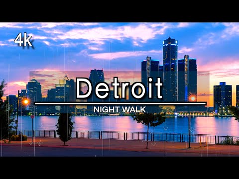 【4K】Downtown Detroit Michigan  Night Rain Virtual Walking Tour (1 Hour and 37 Minutes) | 4K 24FPS