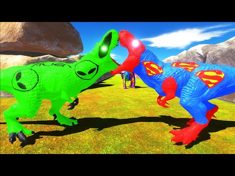 ALIEN T-REX vs SUPERMAN T-REX DEATH RUN DRAGON LAND - Animal Revolt Battle Simulator