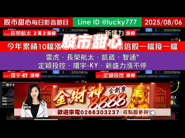0806【甜心盤後影音】雷虎．長榮航太．凱崴．智通*．定穎投控．環宇-KY．新盛力漲不停，今年累計10檔長輩股！深耕產業長輩股一檔接一檔