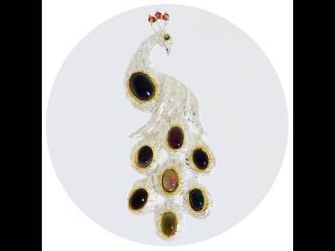 Brosa Argint 925 Accente Aurite Opal Negru Granat Rodolit - Paun Maiestuos