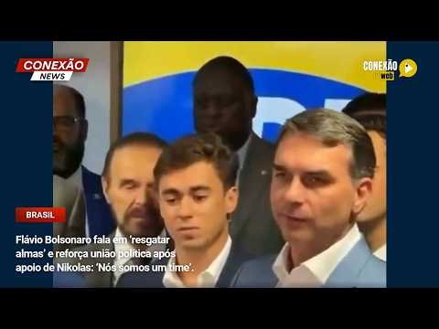 Vídeo: Flávio Bolsonaro fala em ‘resgatar almas’ e reforça união política após apoio de Nikolas: ‘Nós somos um time’.