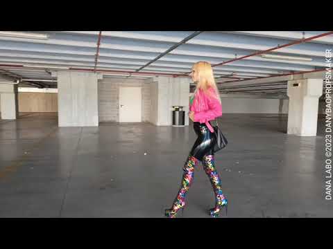 DANA LABO 4K - MY WIFE SUPERGIRL, LEATHER MINI JACKET, BOOTS OVER KNEE, HIGH HEELS, SHINY LEGGINGS