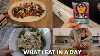 WHAT I EAT IN A DAY: 140g+ of protein & focusing on whole foods 🥗🥞🍌🍦🍅🫐