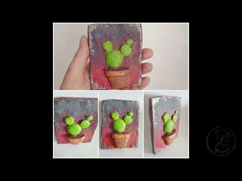 Papírmasé 3D-s kaktuszos mini kép , Paper mache 3D cactus mini picture