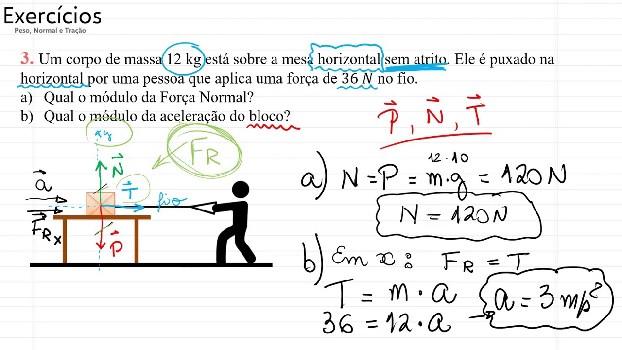Aula 23 - Dinâmica: Exercícios Peso, Normal e Tração.