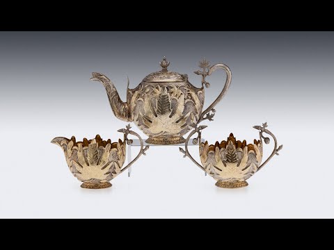 ANTIQUE 19thC INDIAN GILT SOLID SILVER THREE PIECE CHINAR PATTERN TEA SET