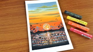 Oil Pastel Sunset Landscape Painting for beginners | Oil Pastel Drawing