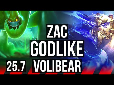 ZAC vs VOLIBEAR (TOP) | 7/0/11, Godlike, Rank 15 Zac | EUW Grandmaster | 25.7