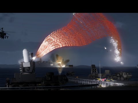 C-RAM shot down J-10 Fighter Jets at Night - Warship Hit - CIWS - Military Simulation - ArmA 3