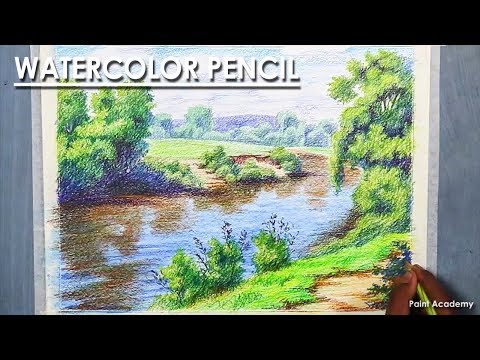 Mountains and Pine Tress Watercolor Pencil Landscape Drawing | steps to follow