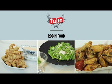 , title : 'ROBINFOOD / Langostinos fritos + Ensalada de espinacas + Alitas de pollo crujientes al horno'
