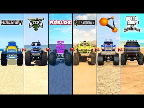GTA 5 MONSTER TRUCK VS MINECRAFT VS ROBLOX VS TEARDOWN VS BEAMNG VS BRICK RIGS VS GTA SA
