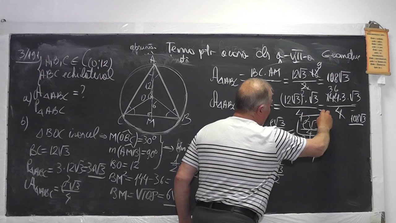 Lectia 1038 Aria si perimetrul triunghiului echilateral inscris in cerc in functie de raza Clasa 7