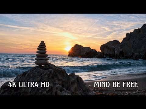 4K Beach Sunset with Ocean Waves & Zen Stones | Relaxing Nature Sounds for Sleep, Meditation & Focus