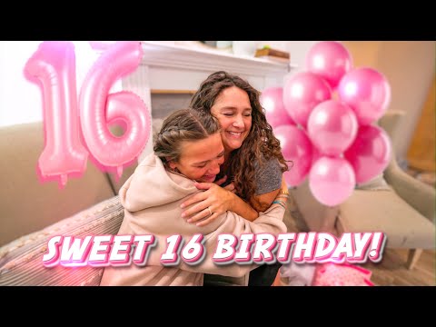 Two people share a hug at a Sweet 16 birthday party, with pink balloons and the text 'Sweet 16 Birthday!' in the scene.