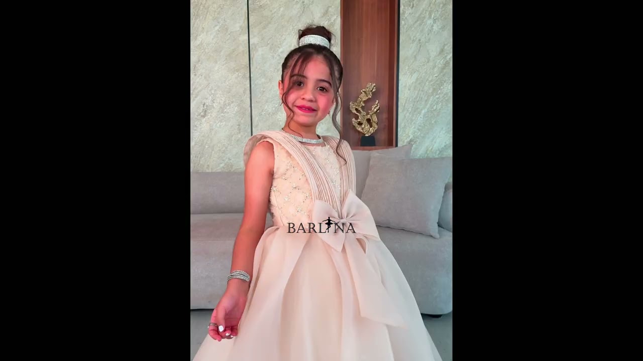 فستان بيج غامق بناتي بتصميم منفوش - سنة