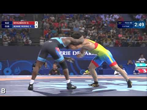 1/4 FS - 61 kg: Y. BONNE RODRIG (CUB) df. D. NIYAZBEKOV (KAZ) by VPO1, 10-8