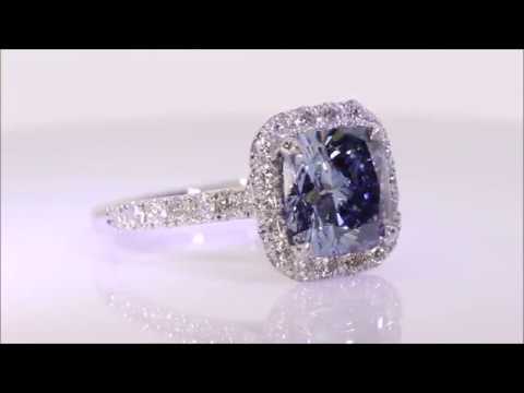 3.81 ctw Lab Grown Blue Diamond Engagement Ring - Cushion Cut | BigDiamondsUSA