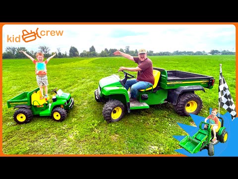 Farming race with Gator, tractor, truck, ATV, forklifts, and chickens. Educational | Kid Crew
