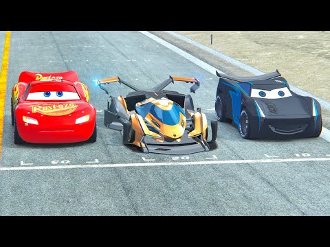 Lamborghini V12 GTR vs Lightning McQueen vs Jackson Storm - Drag Race