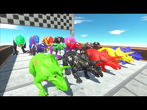 Carcharodontosaurus vs Triceratops vs T-rex  Dc Marvel Speed Race - Animal Revolt Battle Simulator