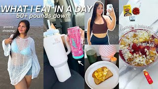 WHAT I EAT IN A DAY TO LOSE WEIGHT | Grocery Haul, Workout Routine, 50 lbs Down & Cooking!