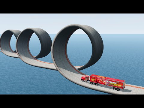Impossible Triple Loop Bridge Crossing Cars Vs Deep Water - BeamNG.Drive
