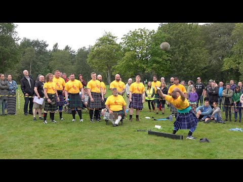 Viking Stone throw strongman challenge during the Donald Dinnie Day Games 2019 in Potarch Scotland