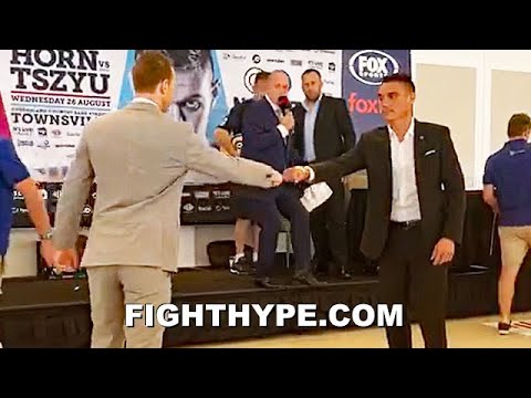 JEFF HORN & TIM TSZYU STARE EACH OTHER DOWN; EXCHANGE WORDS & FIST BUMPS AT FACE OFF