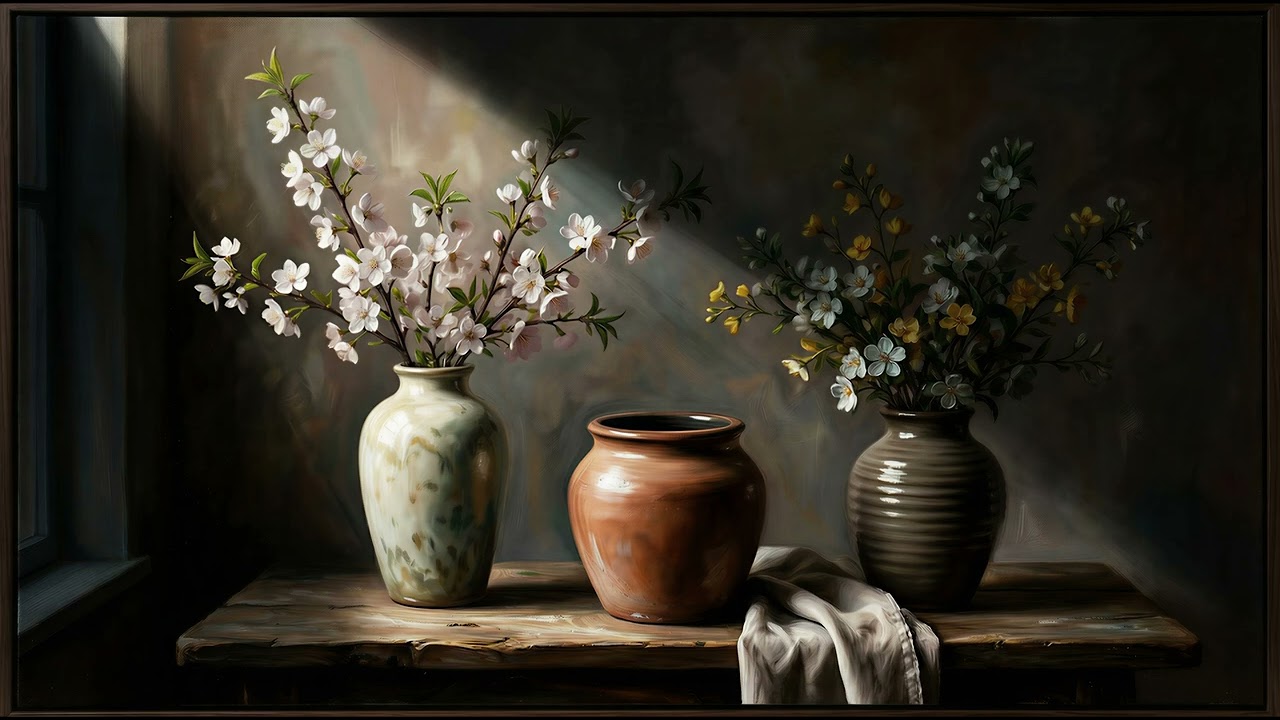 Dramatic Chiaroscuro Still Life: Ceramic Vases Oil Painting | 4K Screensaver & TV Decor