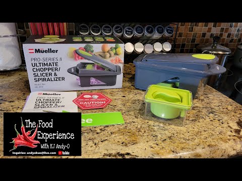 Mueller Pro-Series All-in-One, 12 Blade Mandoline Slicer for Kitchen, Food Chopper, Vegetable Slicer and Spiralizer, Cutter, Dicer, Grater, Kitchen Gadgets Sets with Container, White Sand/Gray video review thumbnail