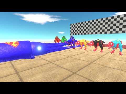 TEAM SPIDERMAN T REX SPEED RACE WITH SUPERHEROES SPINOSAURUS - Animal Revolt Battle Simulator