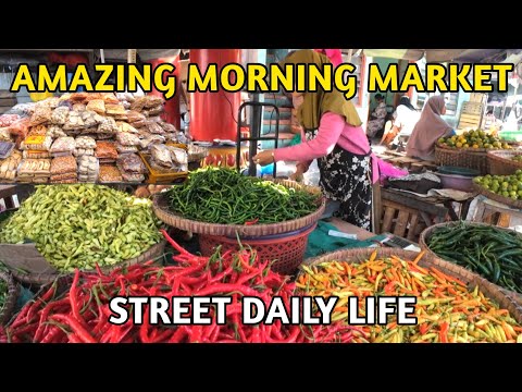 AMAZING MORNING MARKET FOOD STREET - CHILI, ORANGE, BANANA, VEGETABLES, SNACK