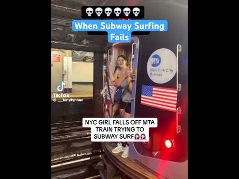 NYC girl falls off the MTA train trying to subway surf #shorts #fails