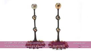 Pair of Tiffany Studios Jeweled Candlesticks