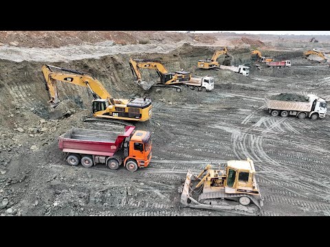 Four Huge Caterpillar & Liebherr Excavators Working In Line - Sotiriadis/Labrianidis Mining Works-4k