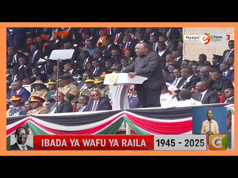 Cheers erupt in Nyayo Stadium as former President Uhuru Kenyatta takes the stage to address mourners