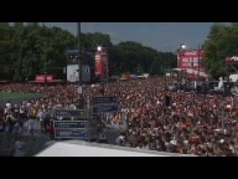 Victorious German football team return home after winning the World Cup; flyover, airport