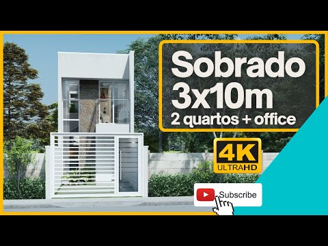 MINI SOBRADO | 2 QUARTOS + HOME OFFICE + LAVANDERIA | 3x10m | Tiny Home Brazil | Renderização 3D