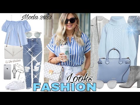 MODA 2023 LOOKS EN COLOR AZUL CELESTE TENDENCIA VISTE CON ESTILO Y A LA MODA MUJER MODERNA