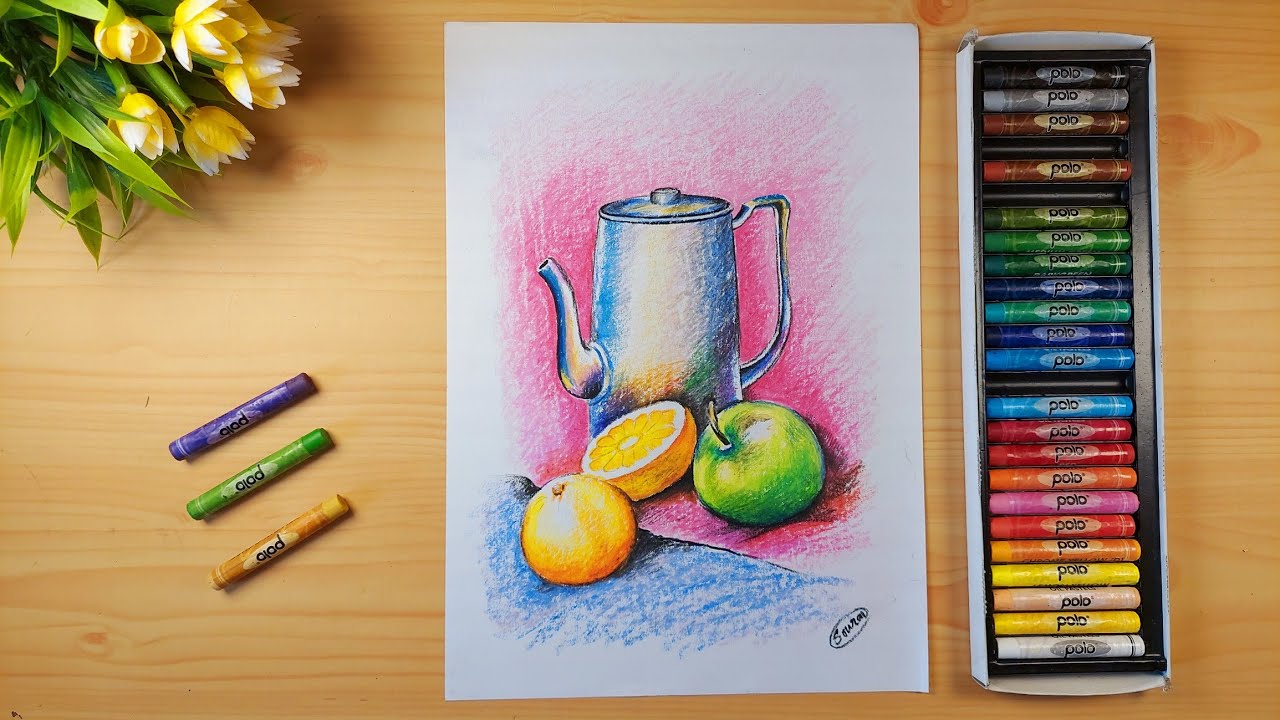 Still Life drawing in Oil Pastel. Fruits and jug.