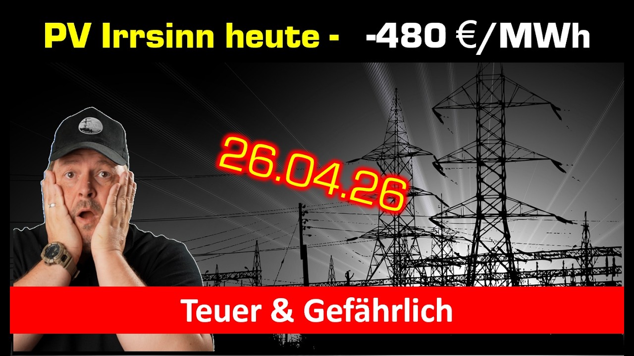 Irrsinn: Europaweit -480 €/MWh und 85% PV! Teuer und gefährlich! Sonntag 26.04.26