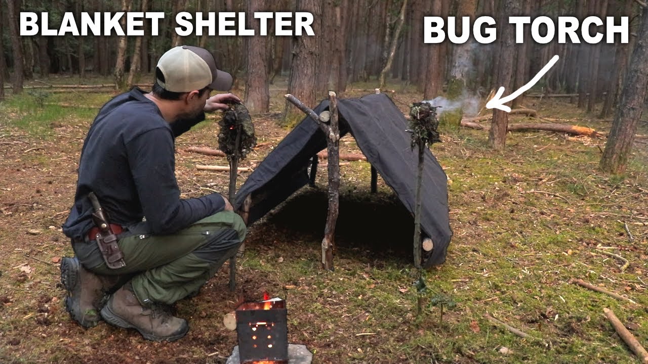 Solo Overnight Sleeping in Oilskin Blanket Shelter - Building Bug Torches from Nature