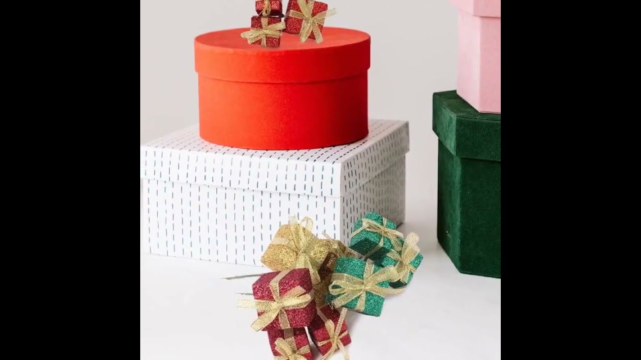 Glitter Christmas Gift Box x 3, Pack of 12, 4 Red Gold Green Burgundy 7 5 height Tree Gift Wrap