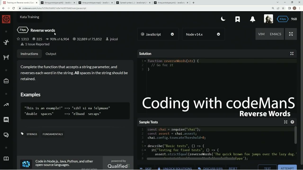 Codewars 7 kyu Reverse Words Javascript