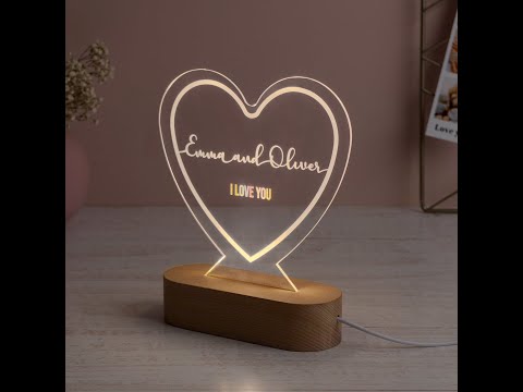 Personalised 3D lamp heart shaped with plastic base